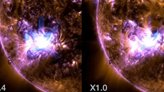 Las imagenes publicadas por la NASA muestran dos erupciones solares, que exhiben un subconjunto de luz ultravioleta extrema donde a su vez se destacan material extremadamente caliente delas llamaradas azules y doradas. Las imagenes publicadas por la NASA muestran dos erupciones solares, que exhiben un subconjunto de luz ultravioleta extrema donde a su vez se destacan material extremadamente caliente delas llamaradas azules y doradas.