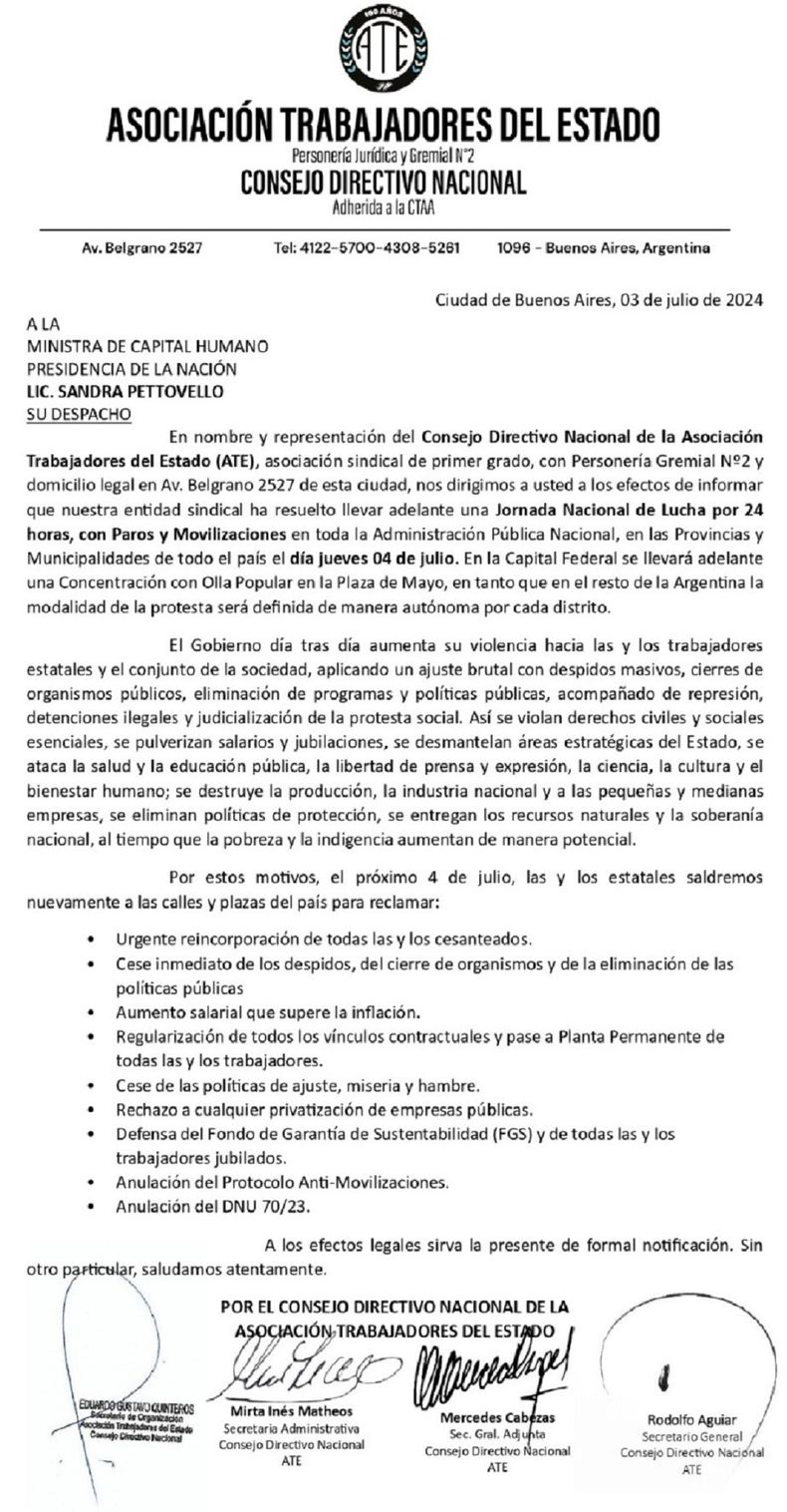 El documento de ATE dirigido a la ministra de Capital Humano, Sandra Pettovello.