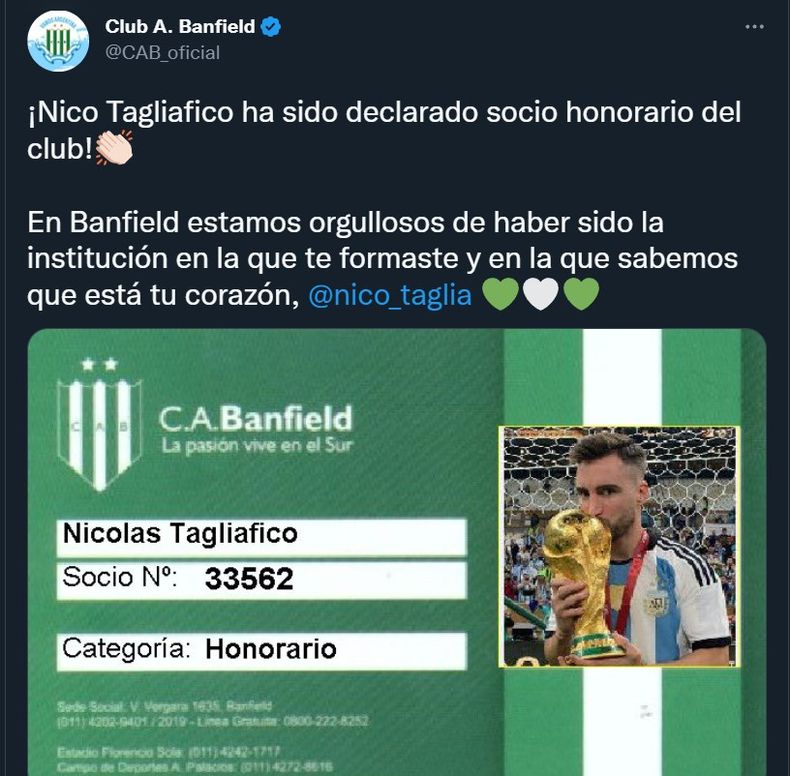 Banfield homenajeó a Nicolás Tagliafico lo nombró socio honorario