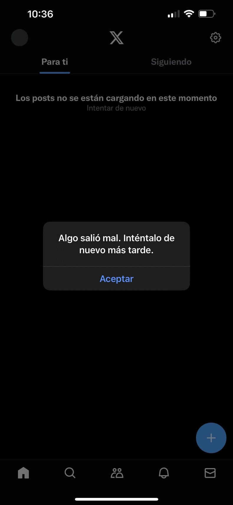 El mensaje de error en la plataforma X.