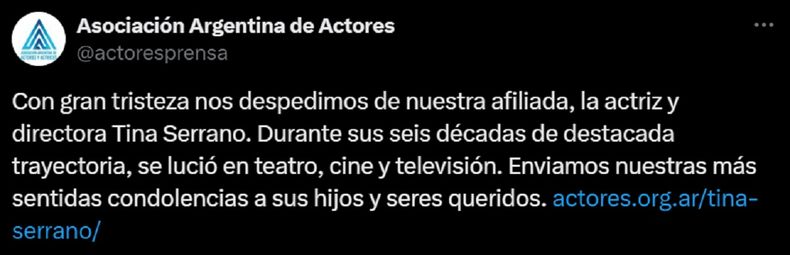 La Asociación Argentina de Actores confirmó la muerte de Tina Serrano.