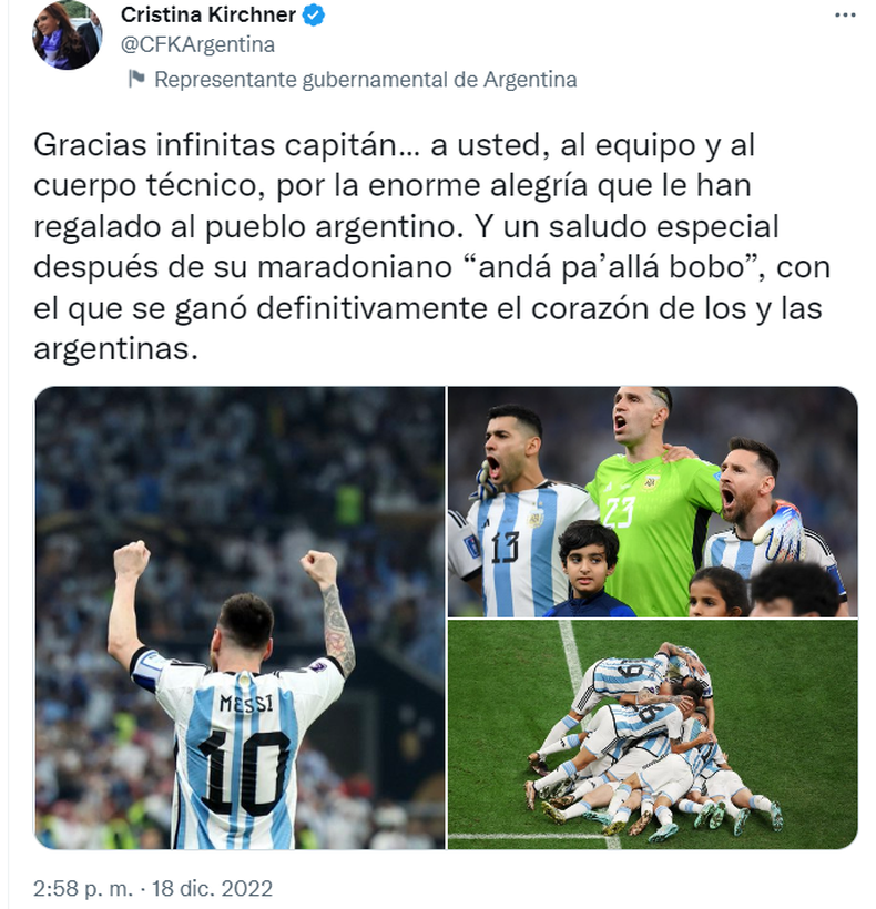 La vicepresidenta publicó un sentido hilo de Twitter para los jugadores argentinos.