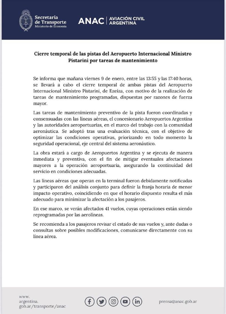 El comunicado de la ANAC.