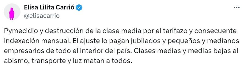 El lapidario pronóstico de Elisa Carrió sobre el tarifazo de Javier Milei: "Pymecidio y destrucción de la clase media"