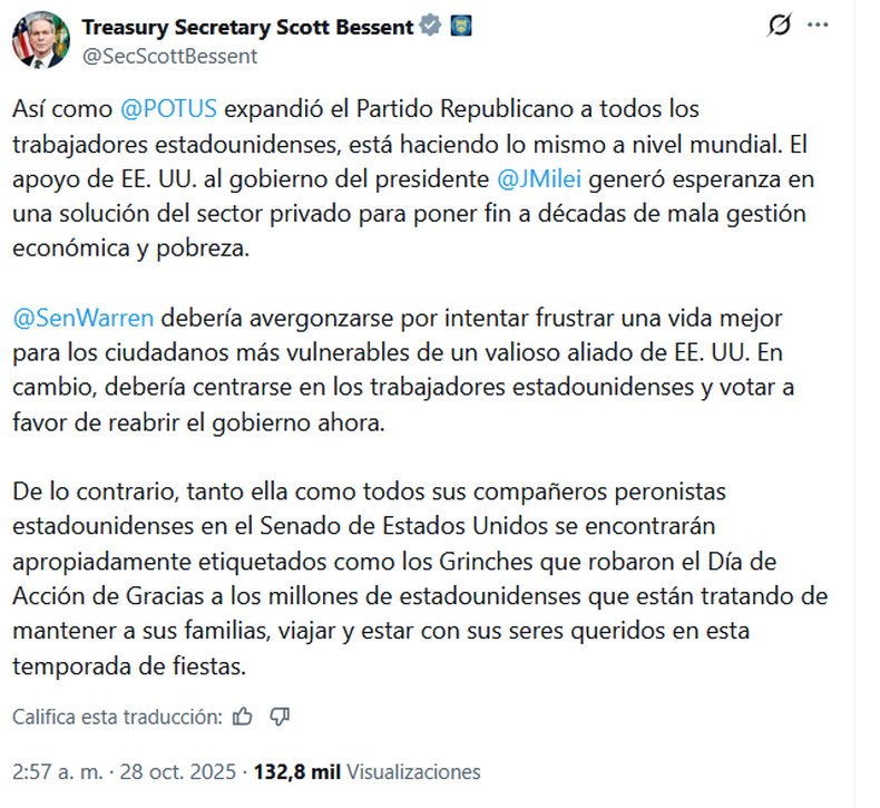 Scott Bessent, duro con la senadora Elizabeth Warren.