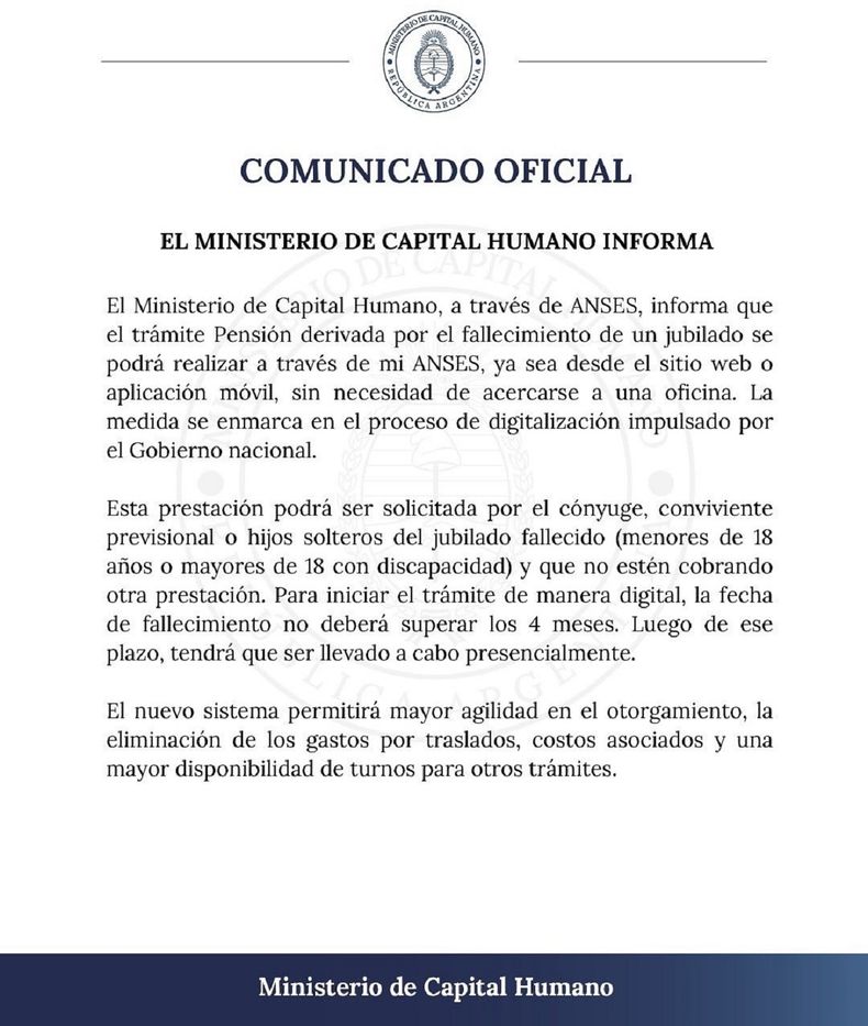 El comunicado del Ministerio de Capital Humano.