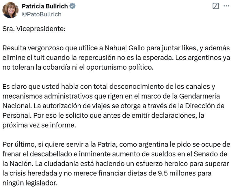 La publicaci&oacute;n de Patricia Bullrich.